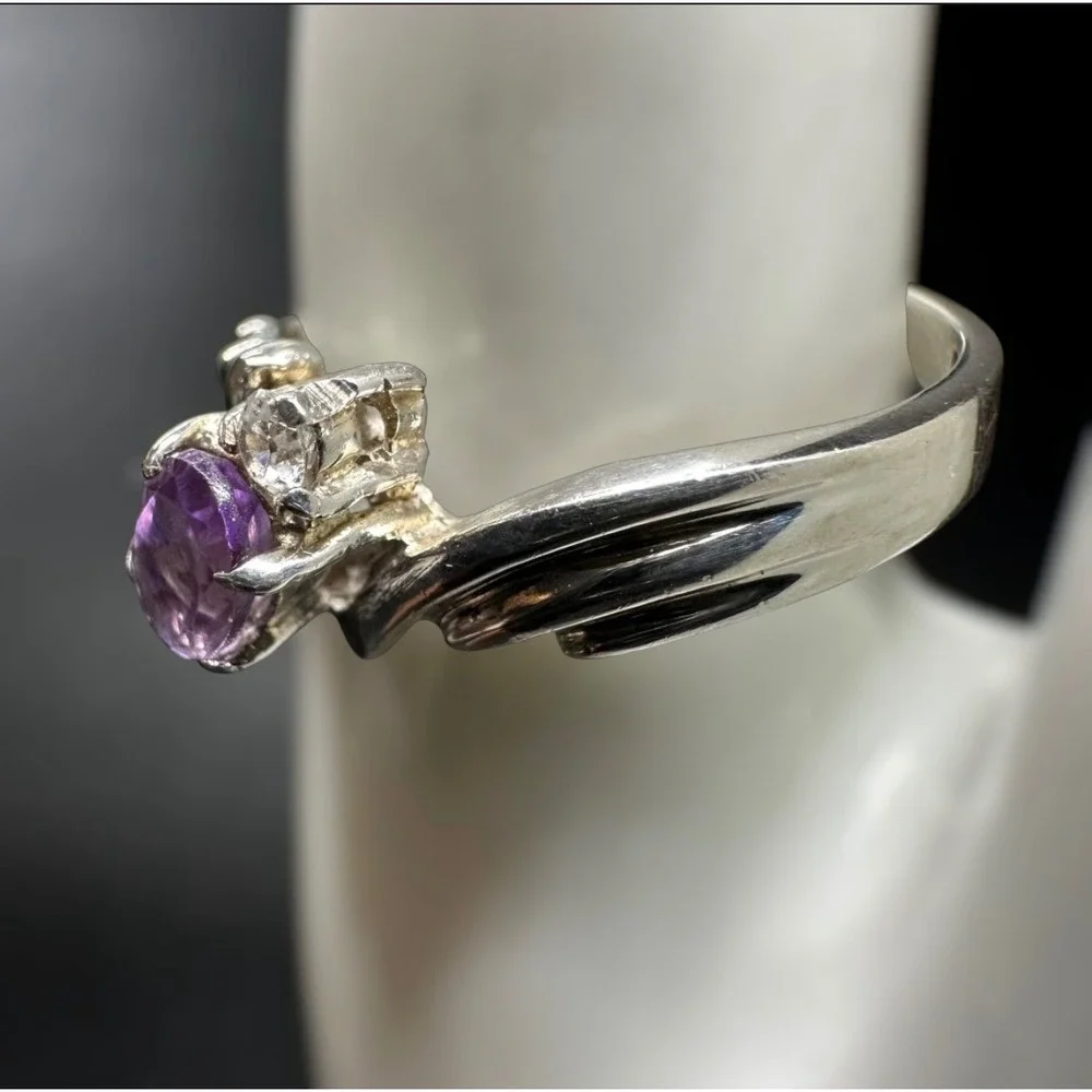 Sterling Silver 925‎ Bypass Ring Oval Purple Gemstone Size 8.75 Swirl Band